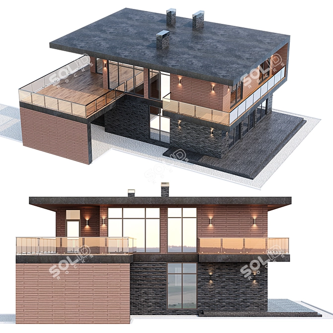 Stylish two-story flat roof cottage 3D model image 2