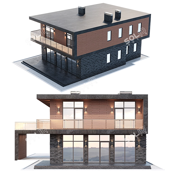 Stylish two-story flat roof cottage 3D model image 4