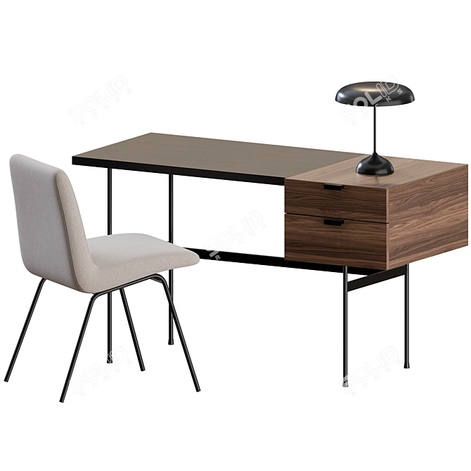 Mid-Century Office Set: Chair, Desk, Lamp 3D model image 1