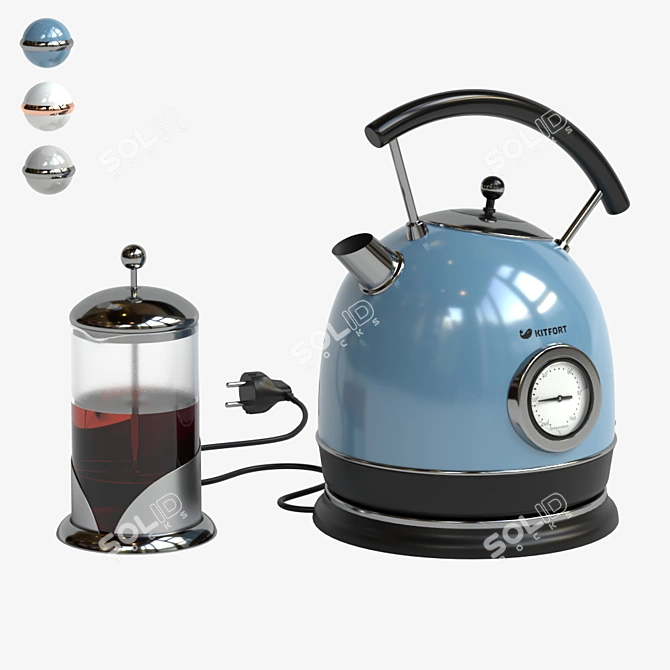 Elegant Electric Kettle Set: KITFORT & French Press 3D model image 1