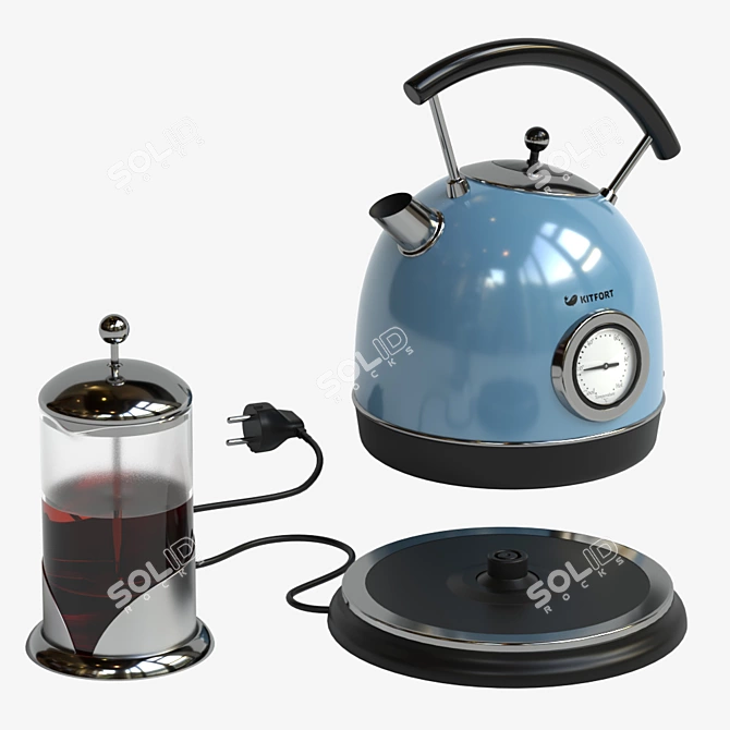 Elegant Electric Kettle Set: KITFORT & French Press 3D model image 4