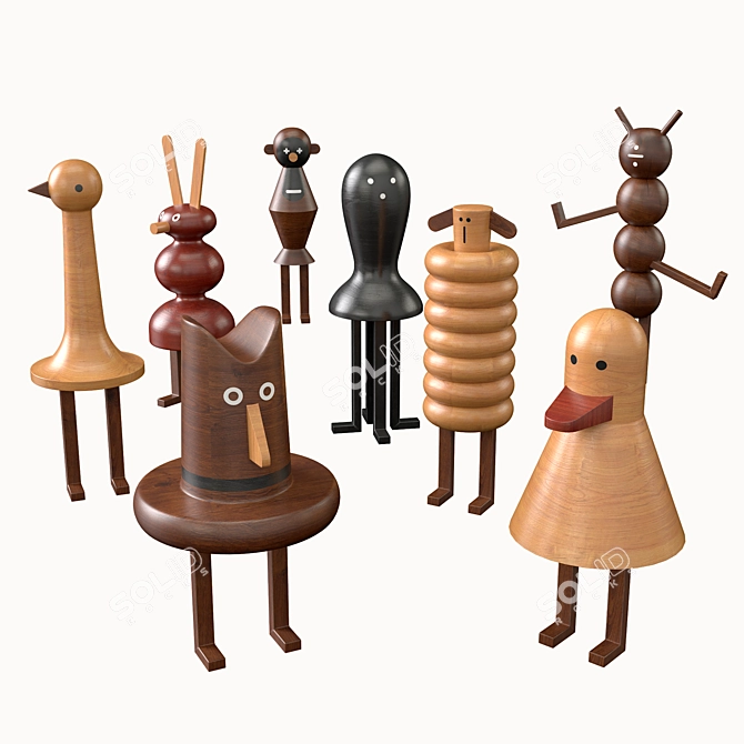 Funny Farm Wood Figurines: Whimsical Animal Madness 3D model image 2