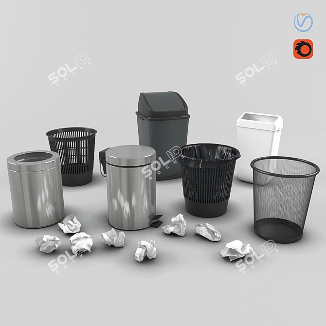 Stylish Trash Bin Set & Crumpled Paper 3D model image 1