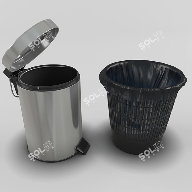 Stylish Trash Bin Set & Crumpled Paper 3D model image 2