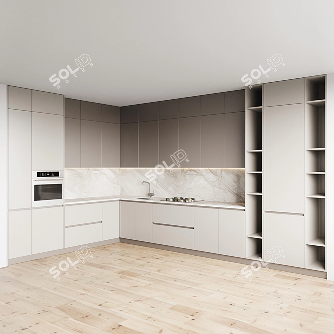 Sleek Kitchen 061: Gas Hob, Oven, Sink & Hood 3D model image 2