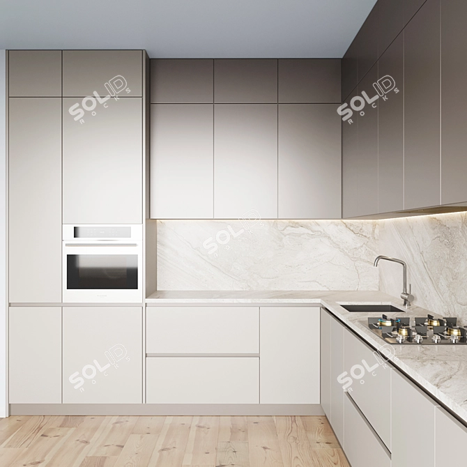 Sleek Kitchen 061: Gas Hob, Oven, Sink & Hood 3D model image 4