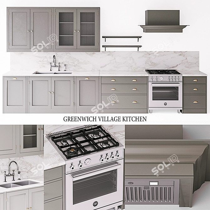 Greenwich Village Gray Kitchen: Bertazzoni Gas Range, Ventilation Hood & Waterworks Fixtures 3D model image 1
