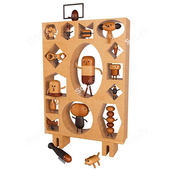 Rustic Wooden Doll Shelf Set 3D model image 3