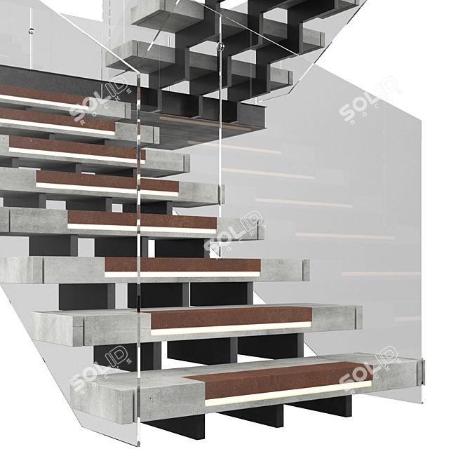 Sleek Modern Stairs 3D | Wood, Concrete, Glass 3D model image 2