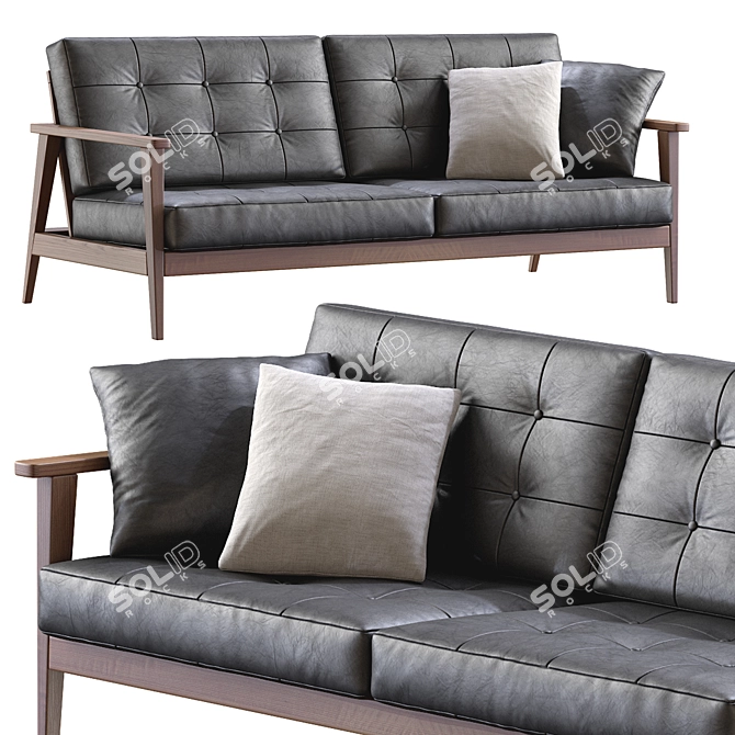 Mid-Century Wood Leather Sofa 3D model image 1