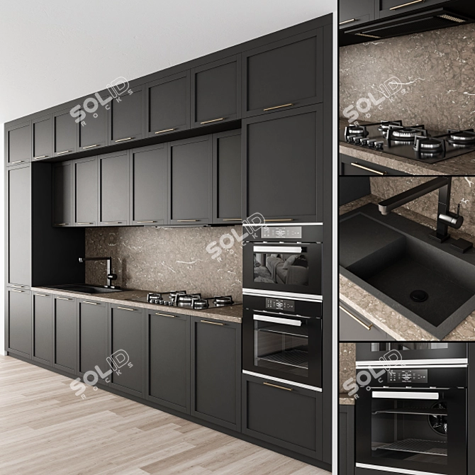 Sleek Neo Classic Kitchen - Black/Brown 3D model image 1