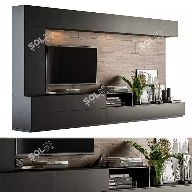 Modern Black and Wood TV Wall 3D model image 1