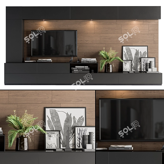 Modern Black and Wood TV Wall 3D model image 2