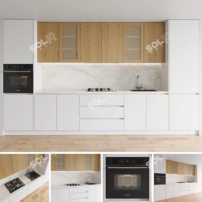 Modern Kitchen: Gas Hob, Oven, Sink & Hood 3D model image 1