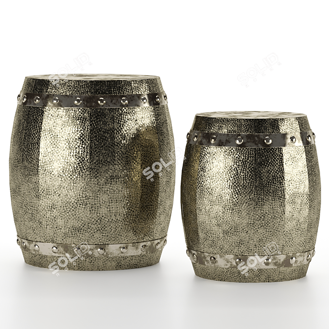 Antique Silver Hammered Drum Stool Set 3D model image 1