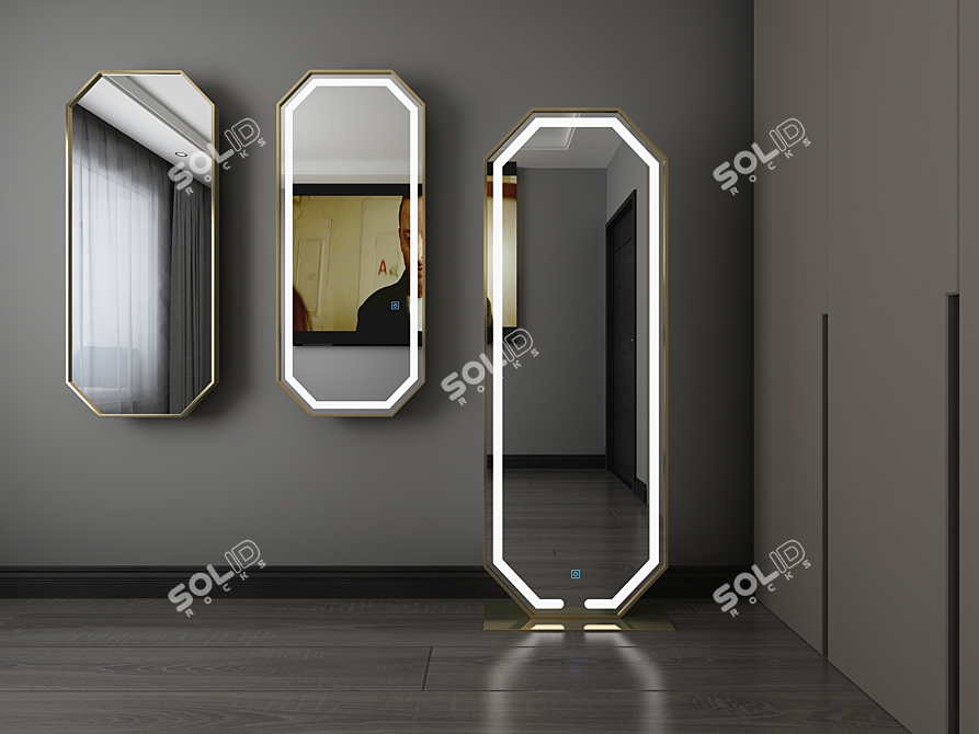 Elegant Brass-Framed Floor Mirror with LED Lighting 3D model image 5