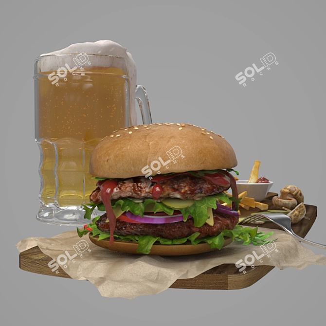 Cheesy Beer & Fries Combo 3D model image 2