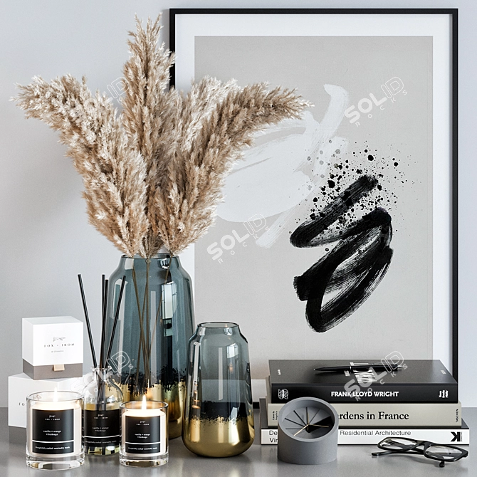 Elegant Decor Set: Pampas Grass, Vases, Books 3D model image 1