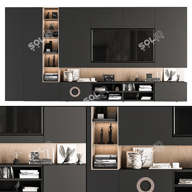 Modern Black and Wood TV Wall 3D model image 1