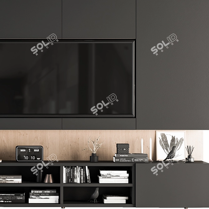 Modern Black and Wood TV Wall 3D model image 2