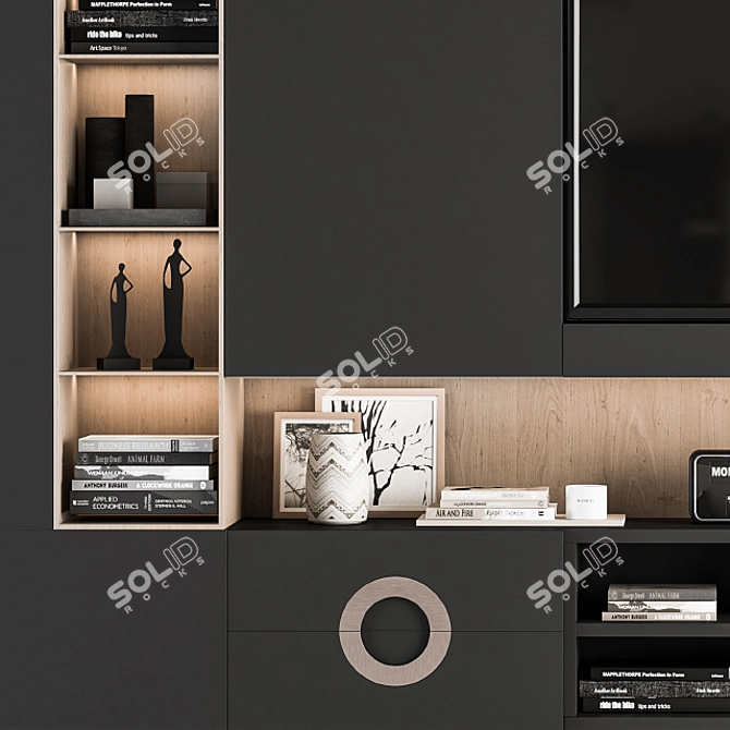 Modern Black and Wood TV Wall 3D model image 3