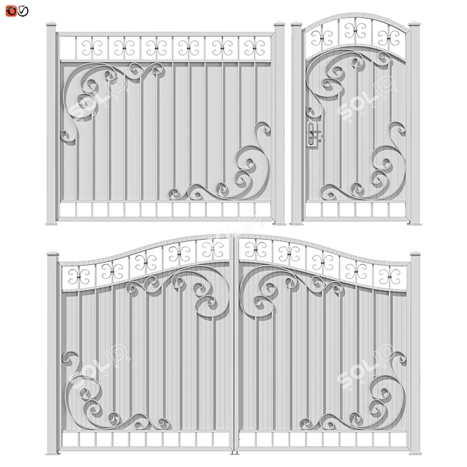 Elegant Wrought Iron Fence Set 3D model image 2