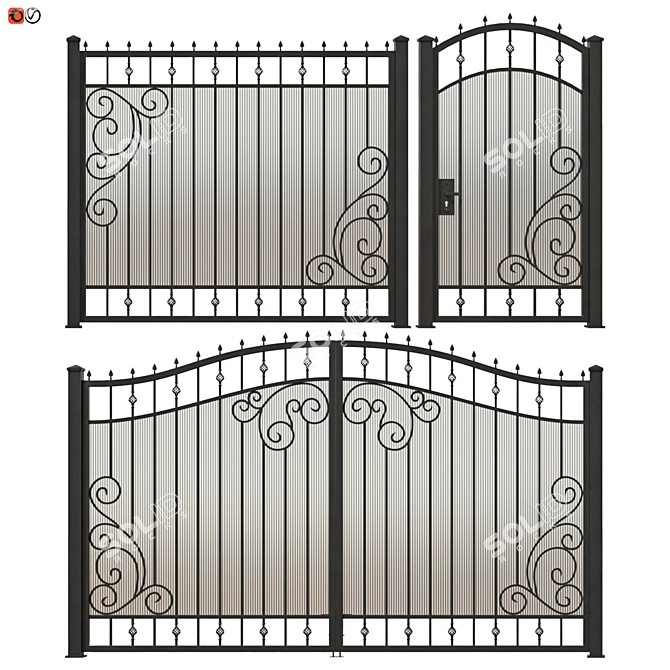 Elegant Wrought Iron Fence Set 3D model image 1