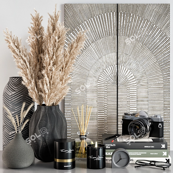 Elegant Decor Set: Pampas Grass, Vases, Books, Candlesticks, and More 3D model image 1