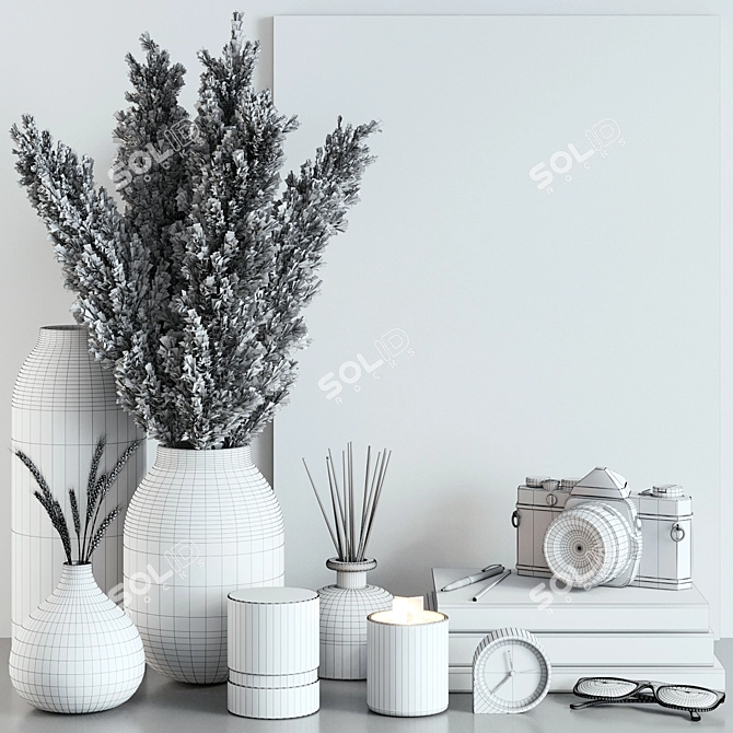 Elegant Decor Set: Pampas Grass, Vases, Books, Candlesticks, and More 3D model image 5