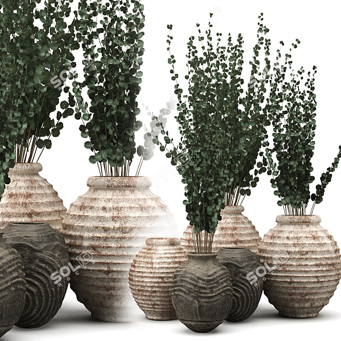 Handcrafted Clay Vases with Eucalyptus 3D model image 2