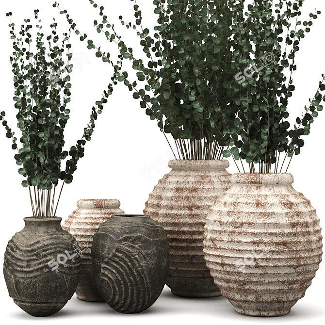 Handcrafted Clay Vases with Eucalyptus 3D model image 4