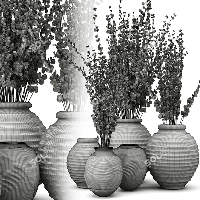 Handcrafted Clay Vases with Eucalyptus 3D model image 7