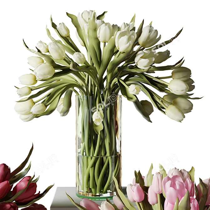 Colorful Tulip Bouquet in Glass Vases 3D model image 7