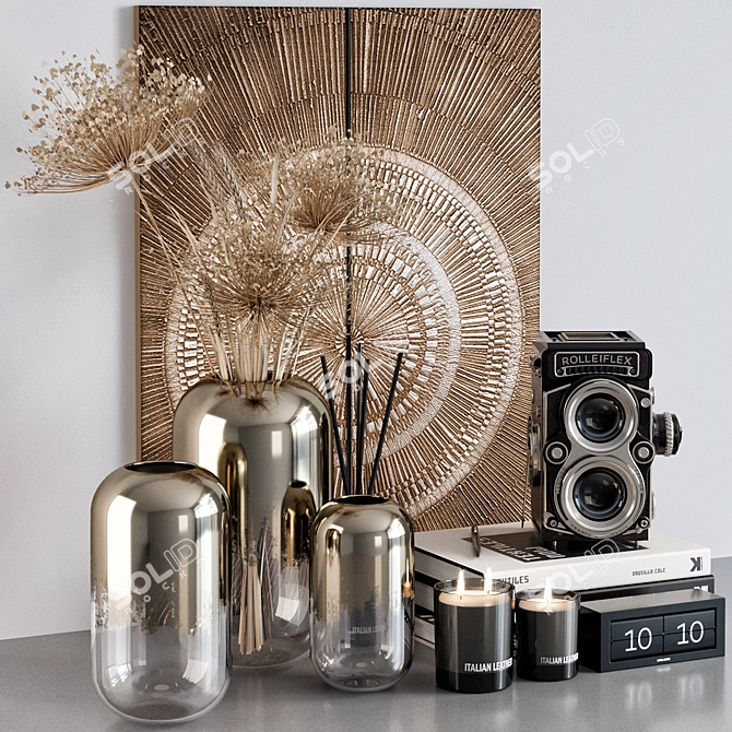 Elegant Home Decor Set: Pampas Grass, Vases, Books, Candlesticks, and More 3D model image 4