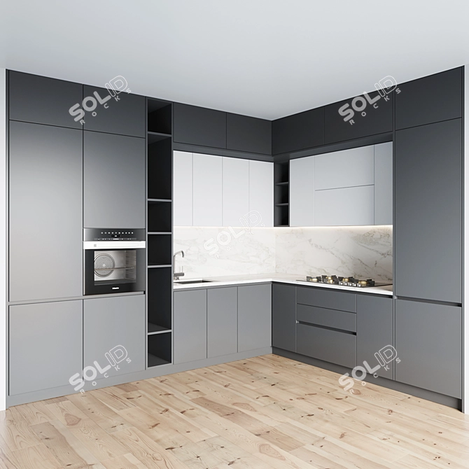 Modern Kitchen Set: Gas Hob, Oven, Sink & Hood 3D model image 1