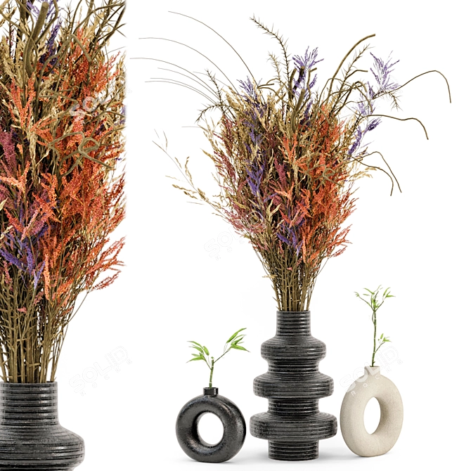 Rustic Concrete Pot Set with Indoor Dried Plants 3D model image 1