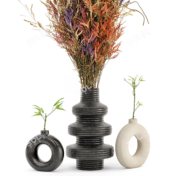 Rustic Concrete Pot Set with Indoor Dried Plants 3D model image 3