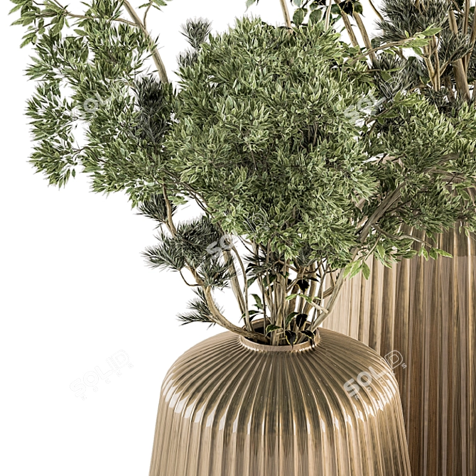 Stunning Green Branch in Gold Vase 3D model image 4