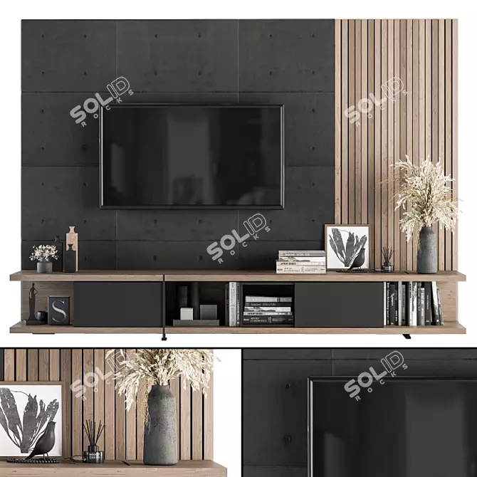 Contemporary Wood and Concrete TV Wall Set 3D model image 1