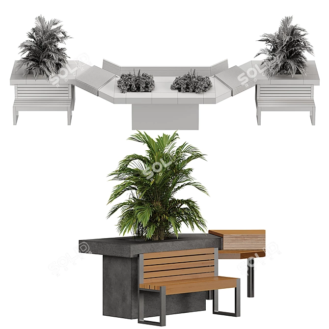 Modern Bench and Plant Set 3D model image 3