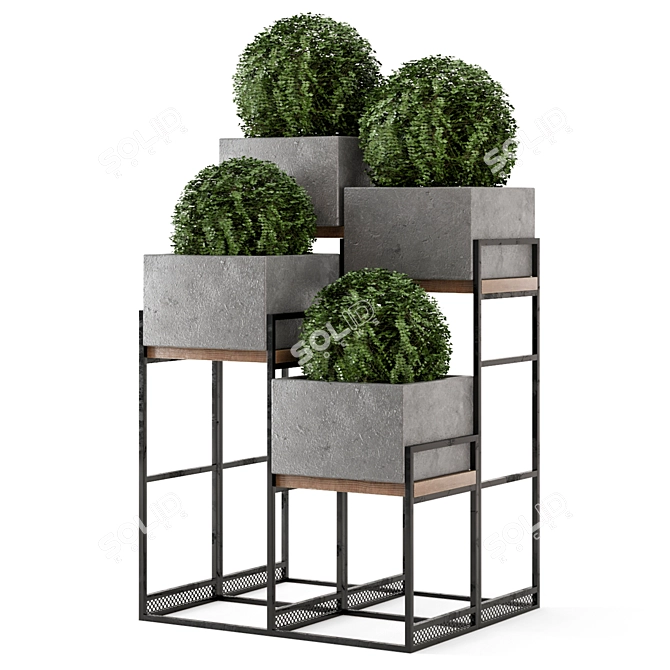 Rustic Outdoor Plants Set: Concrete Pot on Metal Shelf 3D model image 1