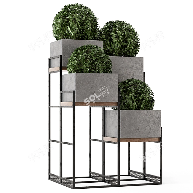 Rustic Outdoor Plants Set: Concrete Pot on Metal Shelf 3D model image 3