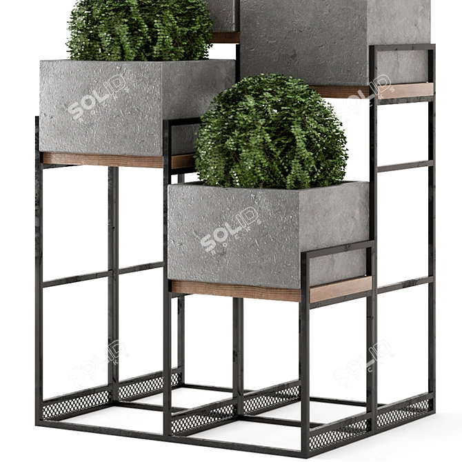 Rustic Outdoor Plants Set: Concrete Pot on Metal Shelf 3D model image 6