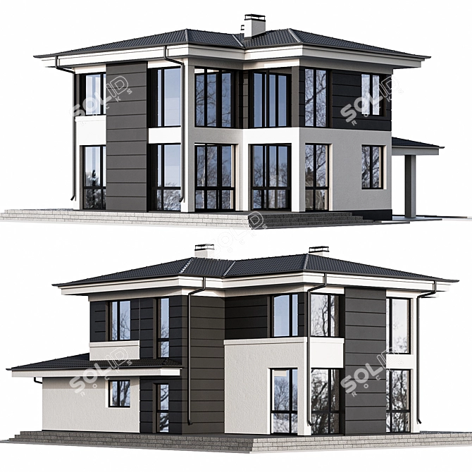 Modern Two-Story Cottage with Panoramic Windows 3D model image 1