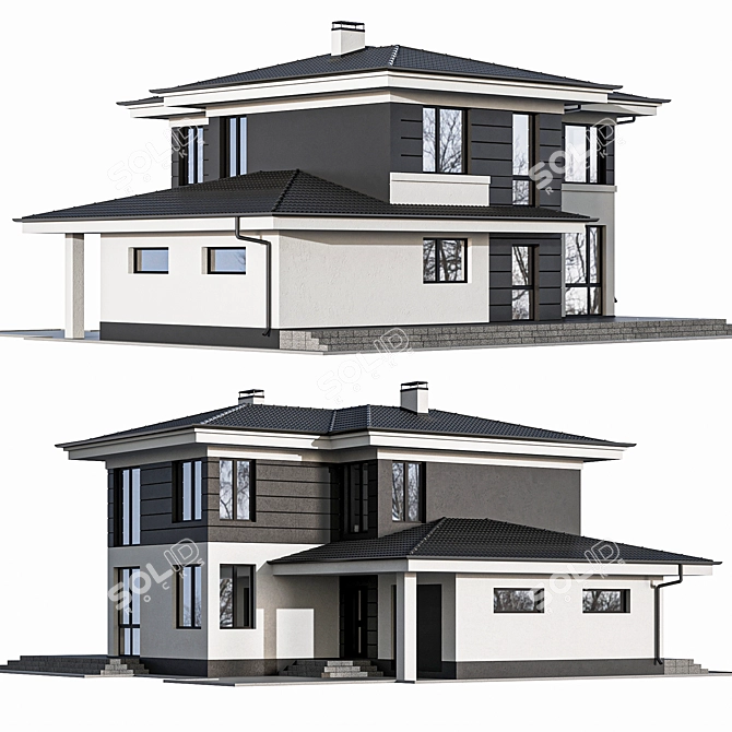 Modern Two-Story Cottage with Panoramic Windows 3D model image 2