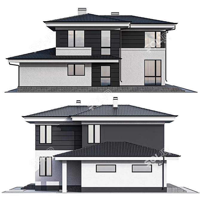 Modern Two-Story Cottage with Panoramic Windows 3D model image 4