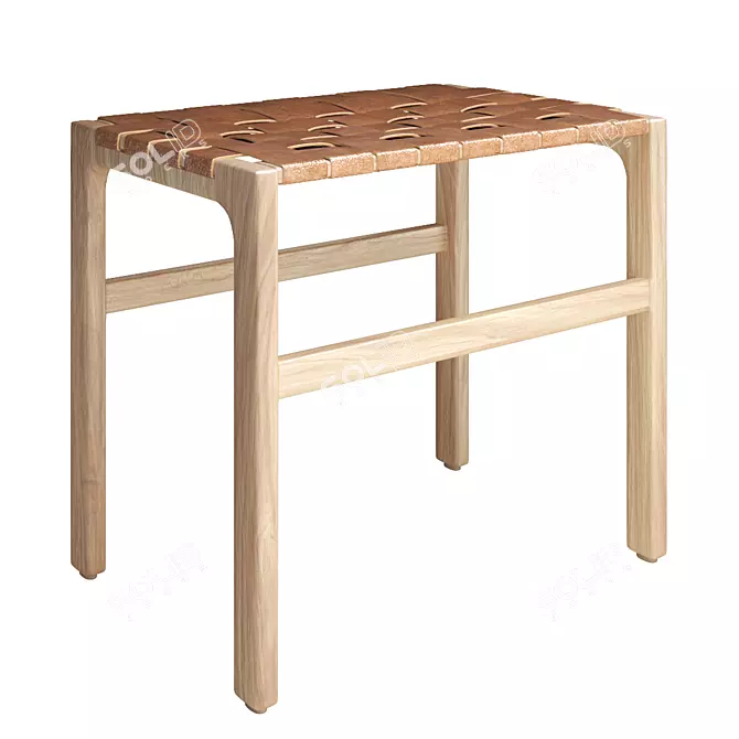 Vintage Wooden Stool with Leather Seat 3D model image 1