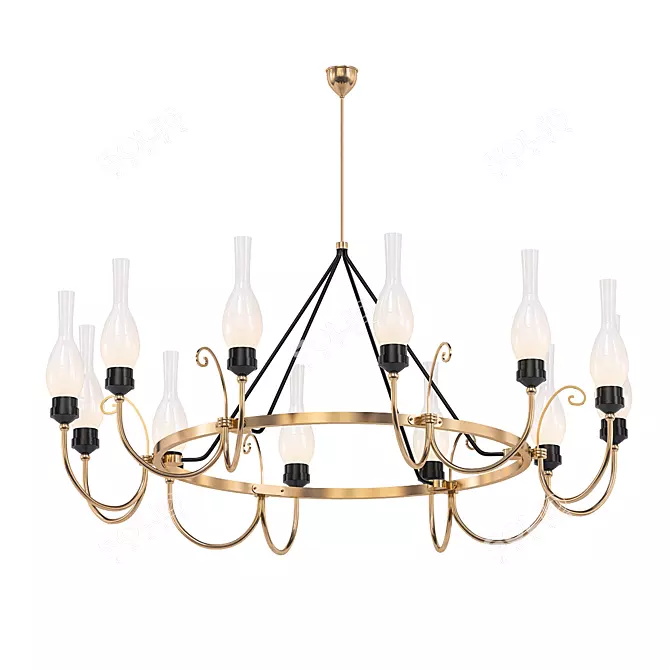 Italian Brass & Glass Chandelier 3D model image 1