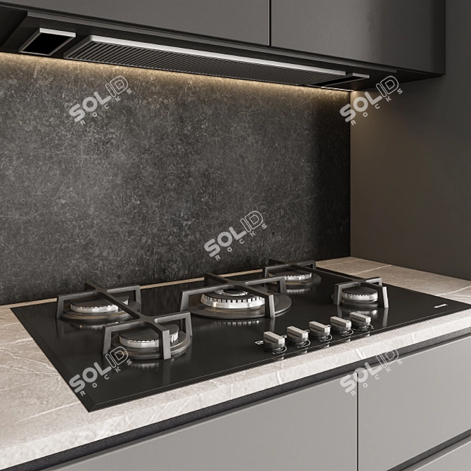 Sleek Gray and Black Kitchen 3D model image 2