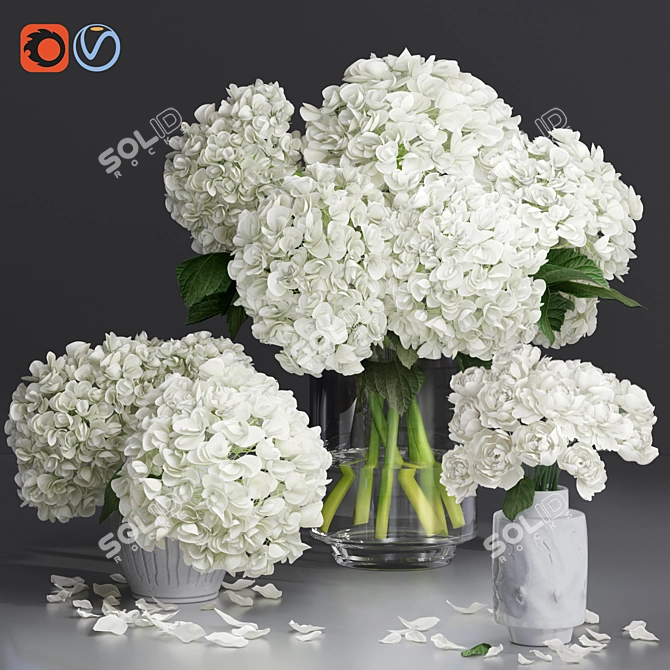 Elegant White Hydrangea and Peony Twig Vases 3D model image 1